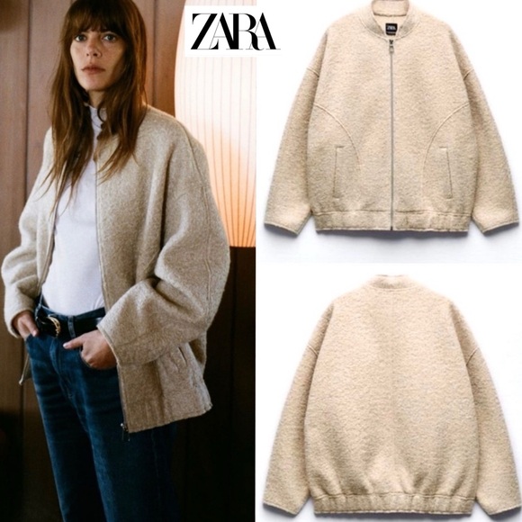 Zara Jackets & Blazers - ZARA 5070/642 Textured Bouclé Bomber Jacket Sand Beige XS Oversized Quiet Luxury